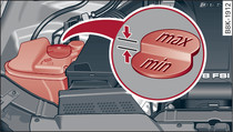 Engine compartment: Markings in coolant expansion tank